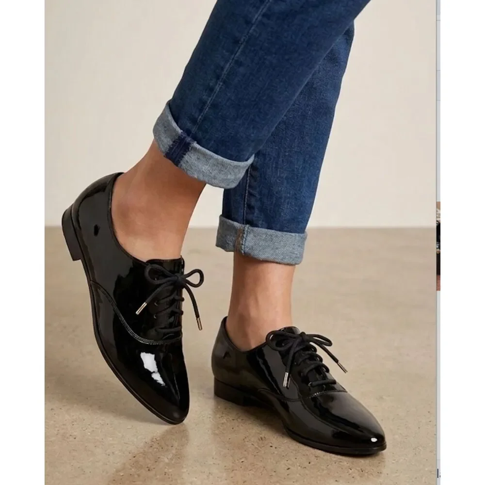 Kate Spade Black Patent Leather Oxfords Size 6M Glossy Dress Shoes Tuxedo Flat